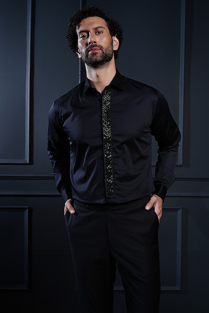 Black Cotton Hand Embroidered Shirt by House of Pratap