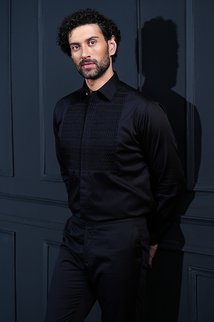 Black Cotton Hand Embroidered Shirt by House of Pratap