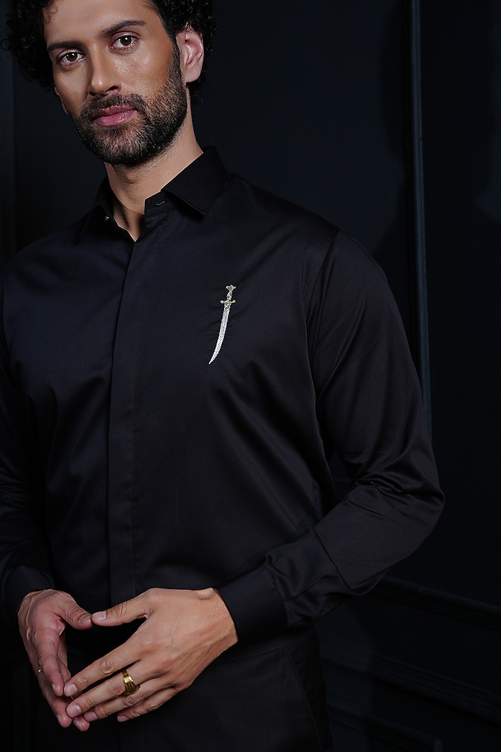 Black Cotton Hand Embroidered Party Wear Shirt by House of Pratap at Pernia's Pop Up Shop