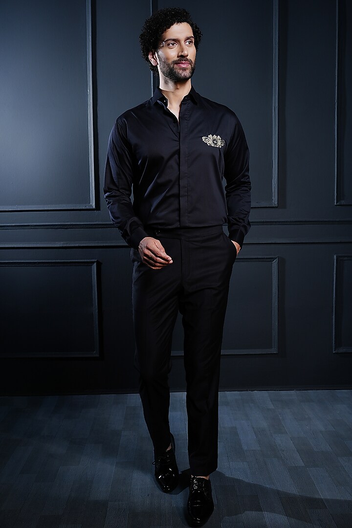 Black Cotton Hand Embroidered Party Wear Shirt by House of Pratap at Pernia's Pop Up Shop