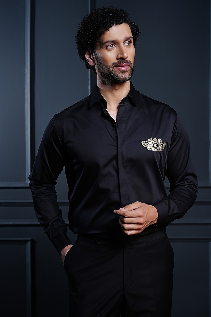 Black Cotton Hand Embroidered Shirt by House of Pratap