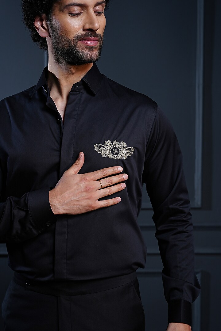 Black Cotton Hand Embroidered Party Wear Shirt by House of Pratap at Pernia's Pop Up Shop