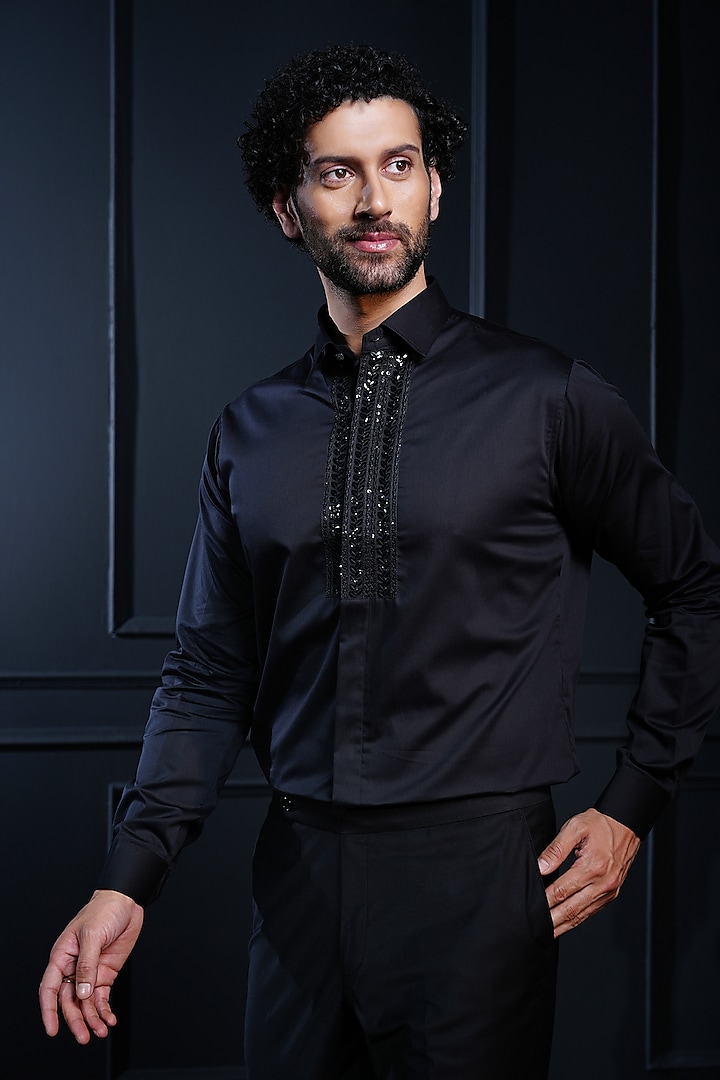 Black Cotton Hand Embroidered Shirt by House of Pratap