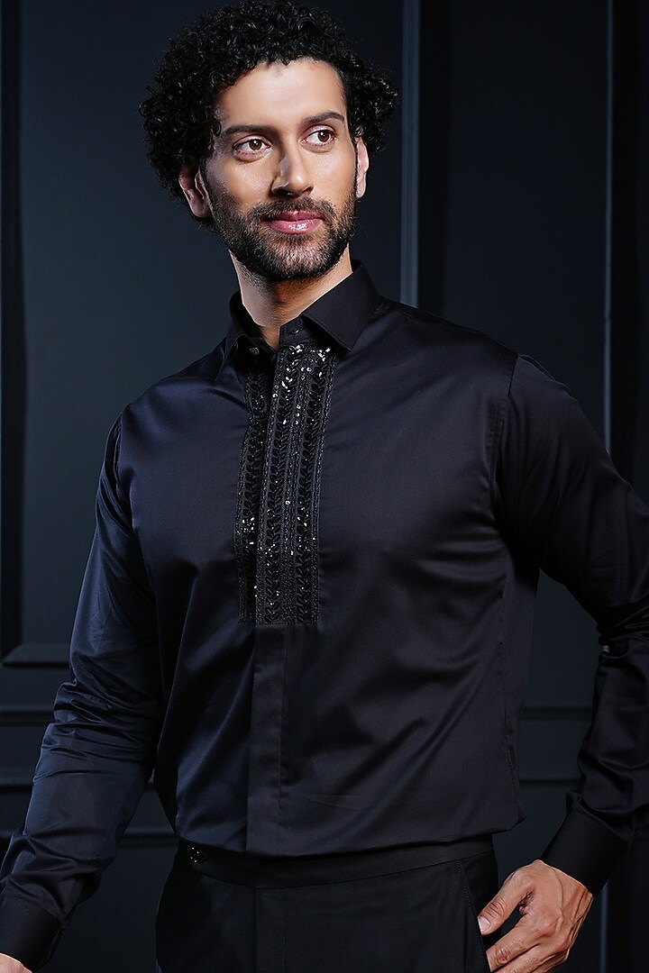 Black Cotton Hand Embroidered Party Wear Shirt by House of Pratap at Pernia's Pop Up Shop