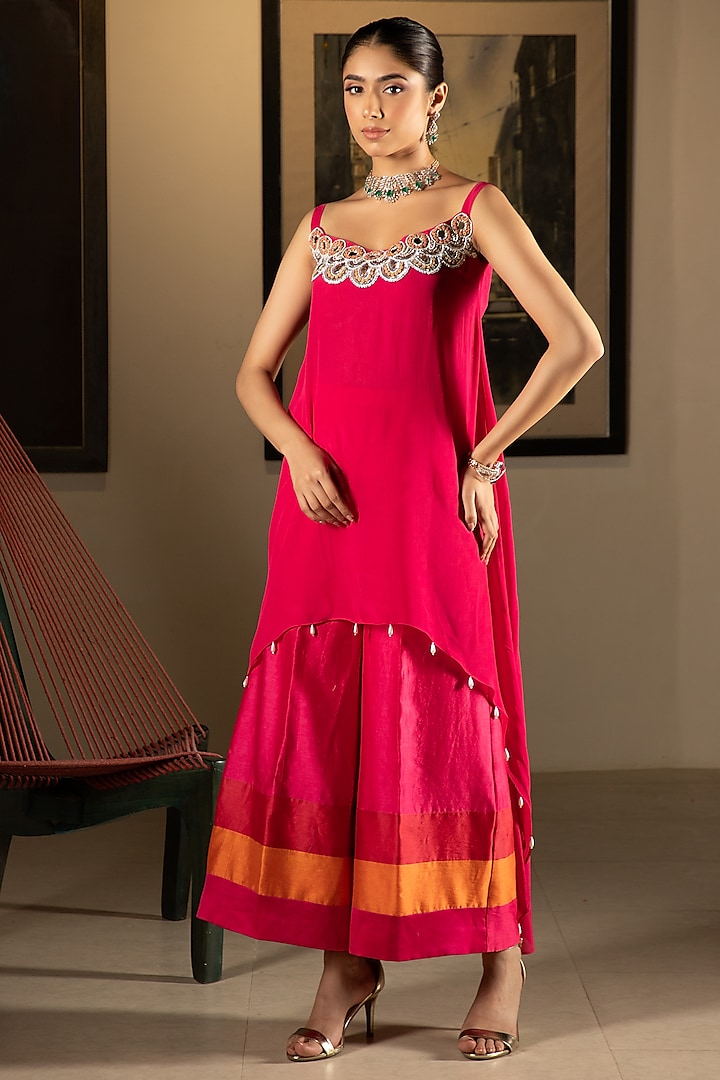 Rani Pink Crepe Mirror & Cutdana Embroidered High-Low Tunic Set by Ritika Verma