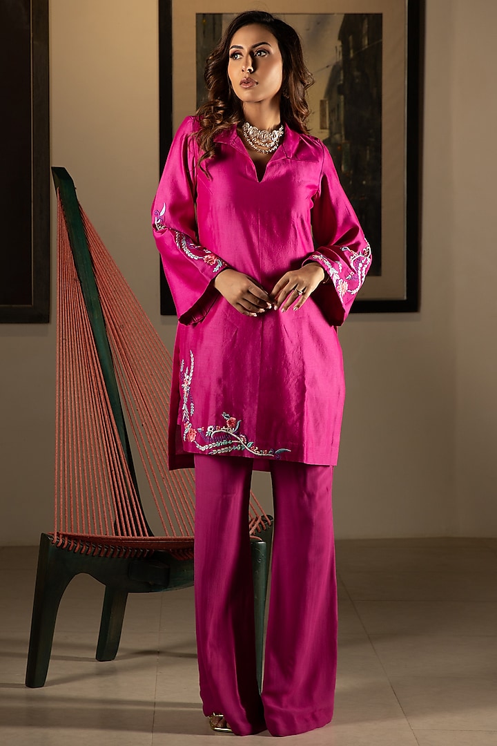 Violet Chanderi Resham Machine Embroidered Kurta Set by Ritika Verma