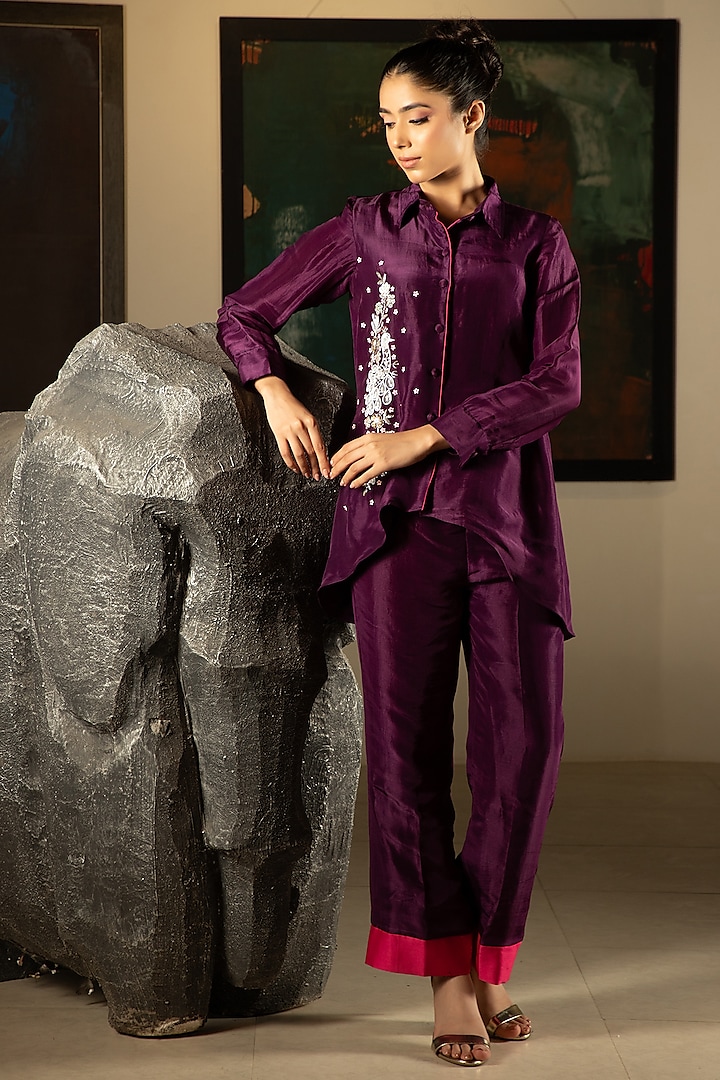 Purple Silk Sequins & Beads Hand Embroidered Co-Ord Set by Ritika Verma