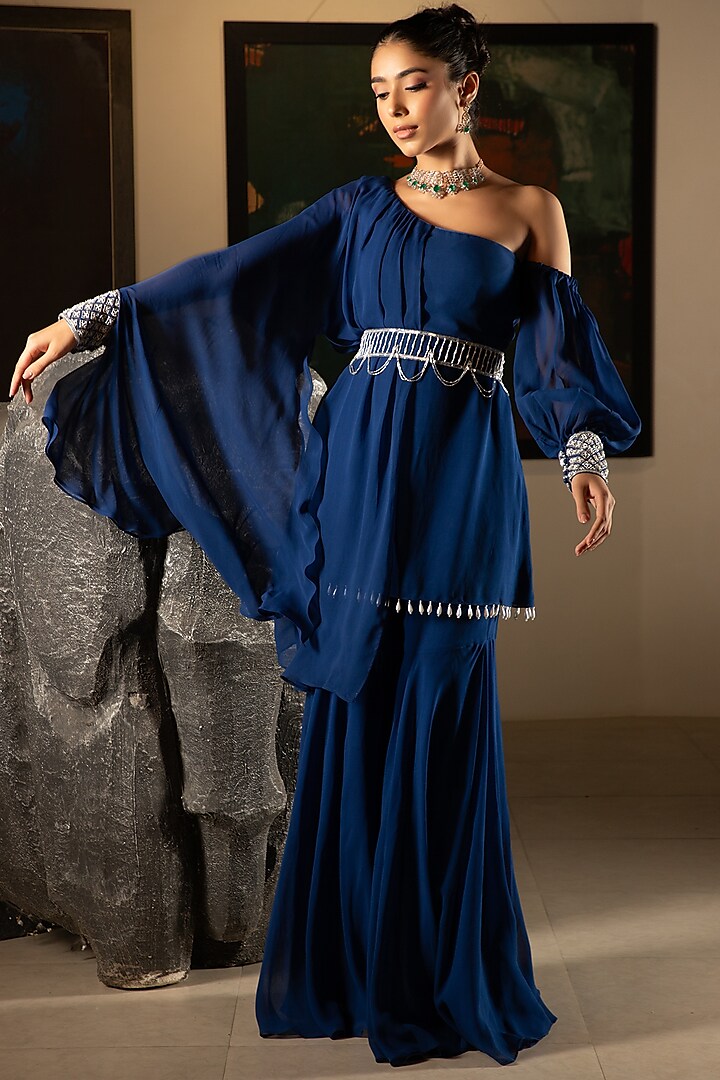 Royal Blue Georgette Gharara Set by Ritika Verma