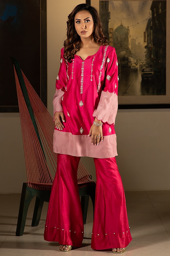 Rani Pink Chanderi Cutdana Hand Embroidered Kurta Set by Ritika Verma