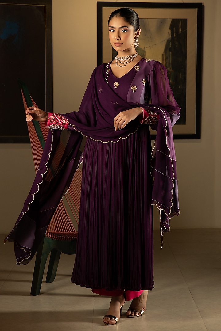 Purple Georgette Beads Hand Embroidered Anarkali Set by Ritika Verma