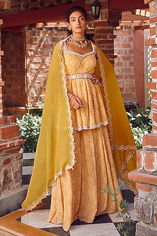 Mayan Gold Georgette Sharara Set by Ritika Verma