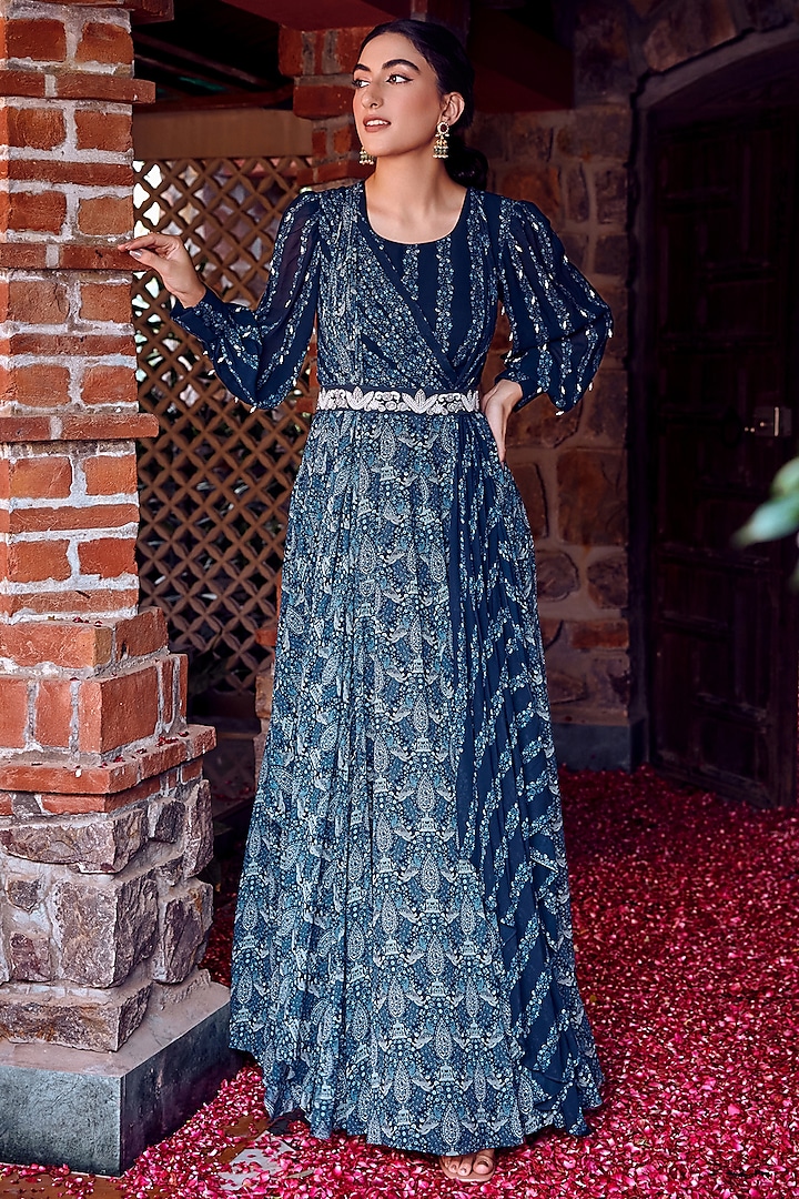 Midnight Blue Georgette Printed & Embroidered Anarkali by Ritika Verma