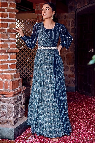 Midnight Blue Georgette Printed & Embroidered Anarkali by Ritika Verma