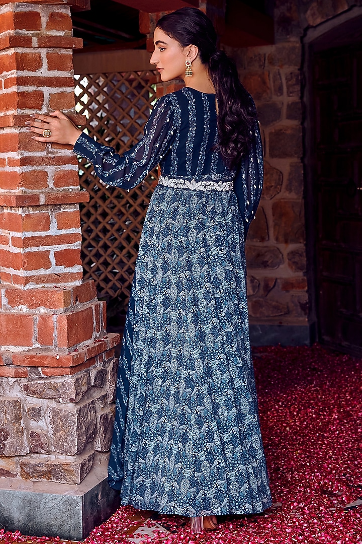 Midnight Blue Georgette Printed & Embroidered Party Wear Anarkali by Ritika Verma at Pernia's Pop Up Shop