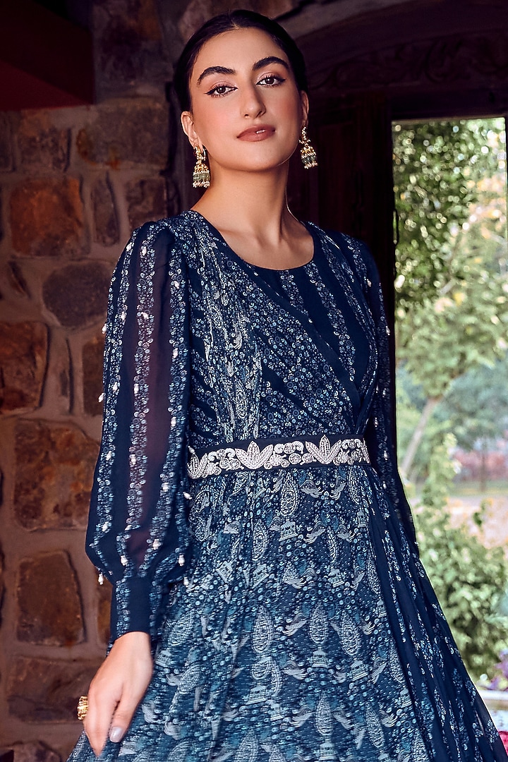 Midnight Blue Georgette Printed & Embroidered Party Wear Anarkali by Ritika Verma at Pernia's Pop Up Shop