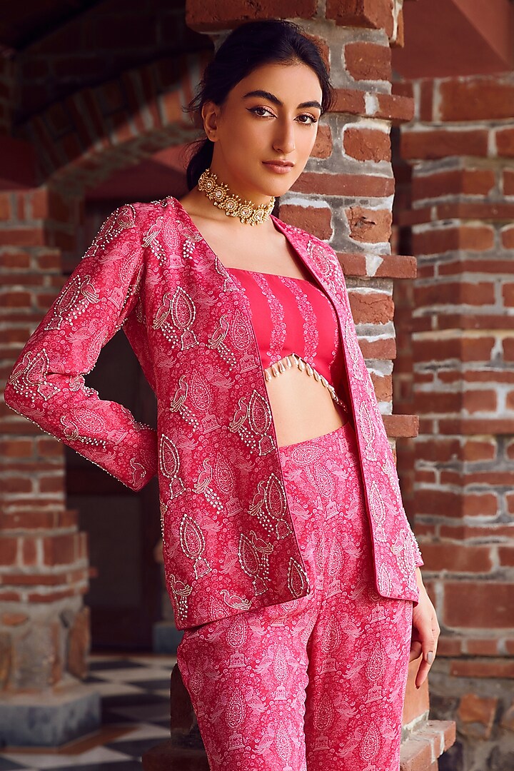 Fuchsia Pink Georgette Embroidered Co-Ord Set by Ritika Verma at Pernia's Pop Up Shop