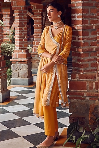Mayan Gold Georgette Printed & Hand Embroidered Kurta Set by Ritika Verma