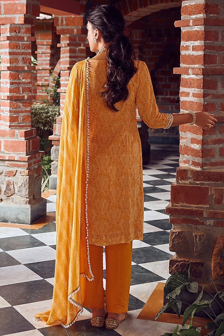 Mayan Gold Georgette Printed & Hand Embroidered Kurta Set by Ritika Verma at Pernia's Pop Up Shop