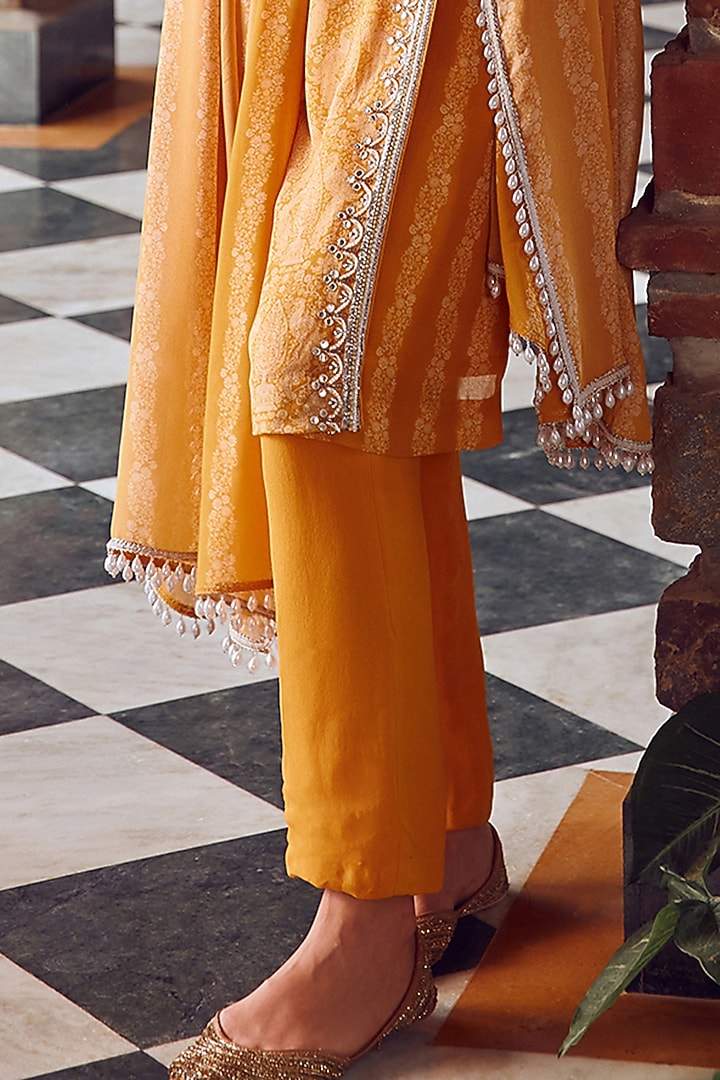 Mayan Gold Georgette Printed & Hand Embroidered Kurta Set by Ritika Verma at Pernia's Pop Up Shop