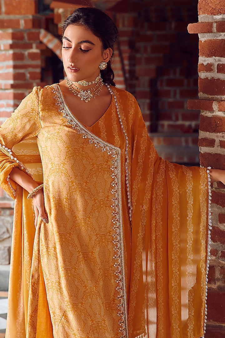 Mayan Gold Georgette Printed & Hand Embroidered Kurta Set by Ritika Verma at Pernia's Pop Up Shop
