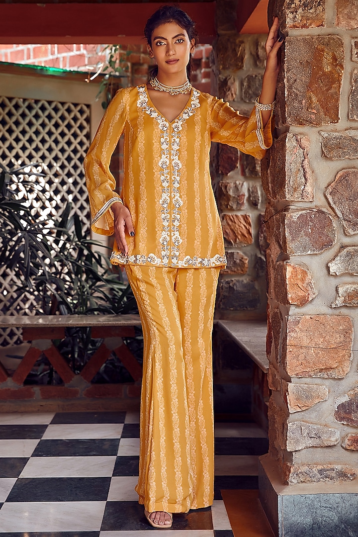 Mayan Gold Georgette Embroidered Co-Ord Set by Ritika Verma