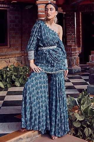 Midnight Blue Georgette Printed Gharara Set by Ritika Verma