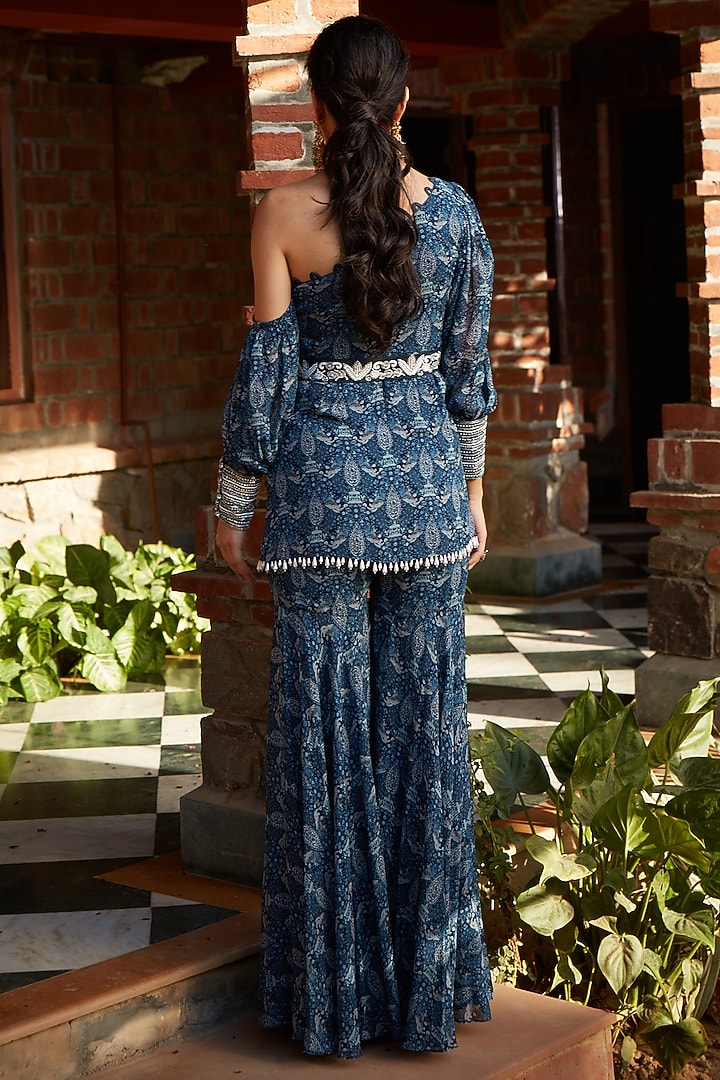Midnight Blue Georgette Printed Gharara Set by Ritika Verma at Pernia's Pop Up Shop