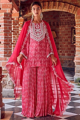 Fuchsia Pink Georgette Gharara Set by Ritika Verma