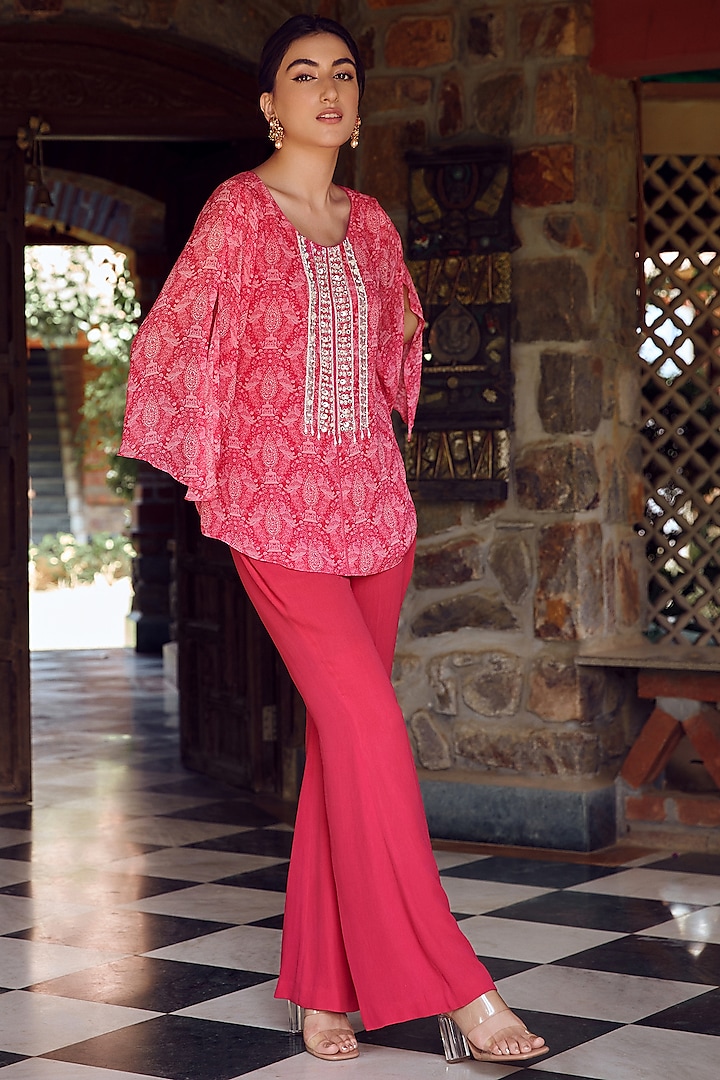Fuchsia Pink Georgette Embroidered Co-Ord Set by Ritika Verma