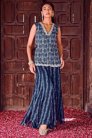 Midnight Blue Georgette Printed Co-Ord Set by Ritika Verma