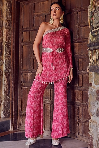 Fuchsia Pink Georgette Printed & Embroidered Co-Ord Set by Ritika Verma