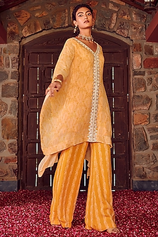 Mayan Gold Georgette Embroidered Kaftan Set by Ritika Verma
