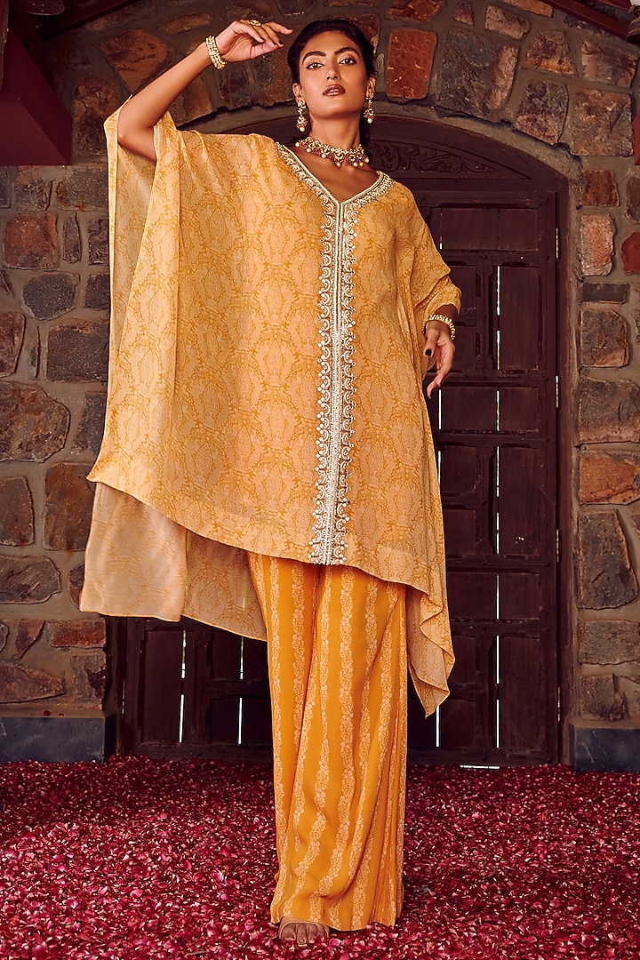 Mayan Gold Georgette Embroidered Kaftan Set by Ritika Verma at Pernia's Pop Up Shop
