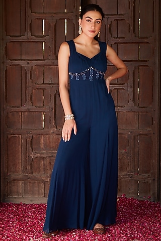 Midnight Blue Georgette Printed Jumpsuit by Ritika Verma