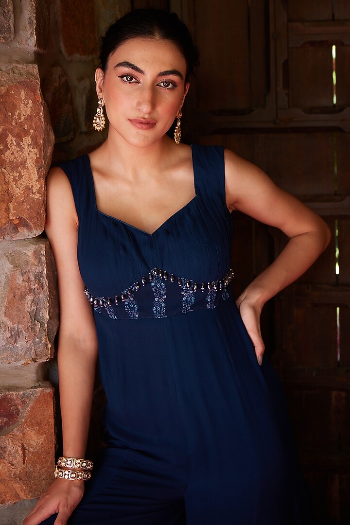 Midnight Blue Georgette Printed Jumpsuit by Ritika Verma at Pernia's Pop Up Shop
