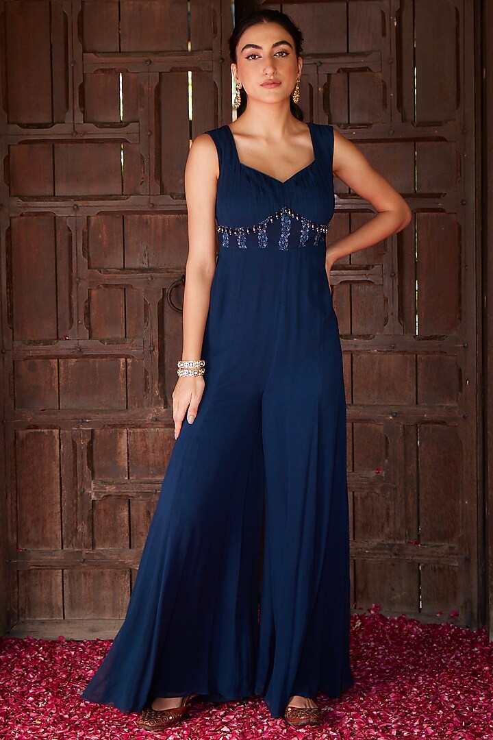 Midnight Blue Georgette Printed Jumpsuit by Ritika Verma at Pernia's Pop Up Shop