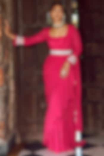 Fuchsia Pink Georgette Ruffled Draped Saree Set by Ritika Verma