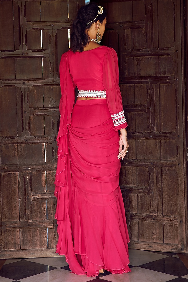Fuchsia Pink Georgette Ruffled Draped Party Wear Saree Set by Ritika Verma at Pernia's Pop Up Shop