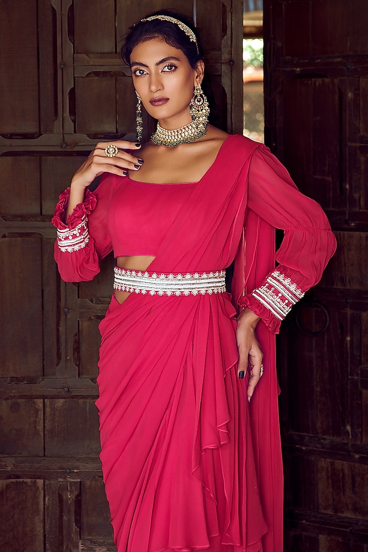 Fuchsia Pink Georgette Ruffled Draped Party Wear Saree Set by Ritika Verma at Pernia's Pop Up Shop