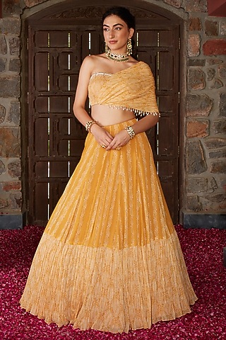 Mayan Gold Georgette Printed Lehenga Set by Ritika Verma