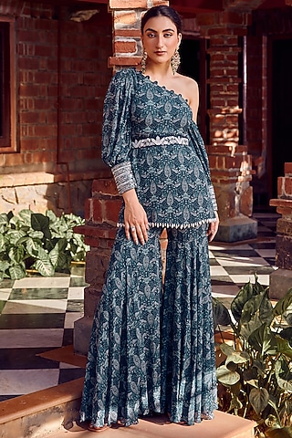Midnight Blue Georgette Printed Gharara Set by Ritika Verma