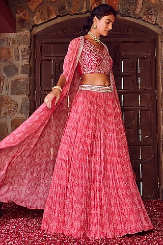 Fuchsia Pink Georgette Embroidered Lehenga Set by Ritika Verma