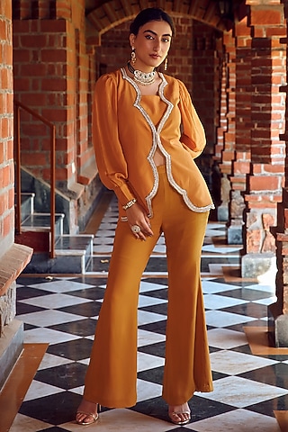 Mayan Gold Crepe & Georgette Co-Ord Set by Ritika Verma