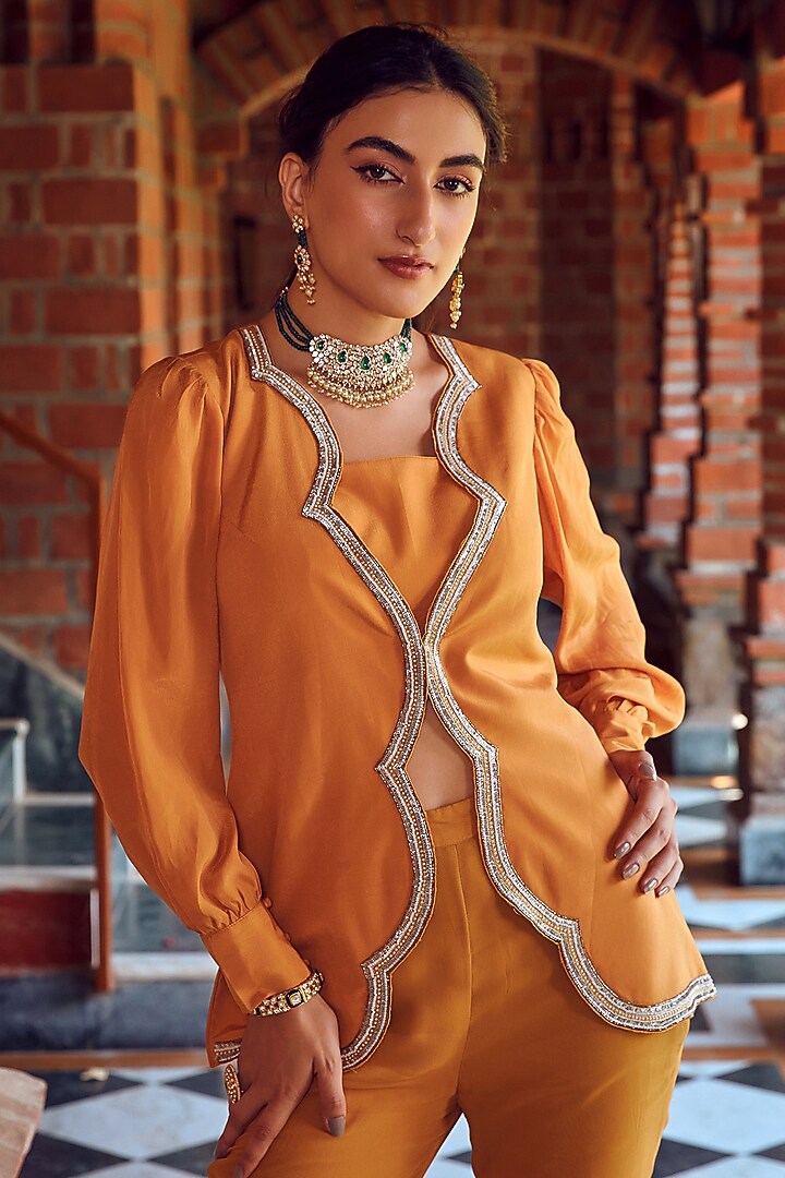 Mayan Gold Crepe & Georgette Co-Ord Set by Ritika Verma at Pernia's Pop Up Shop