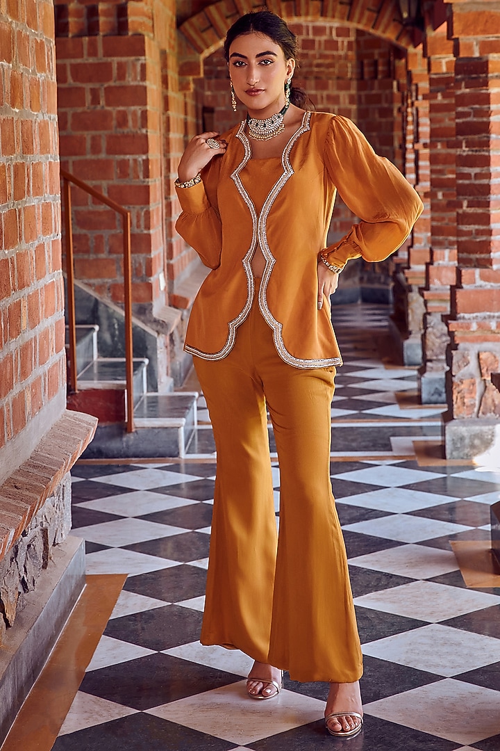 Mayan Gold Crepe & Georgette Co-Ord Set by Ritika Verma at Pernia's Pop Up Shop