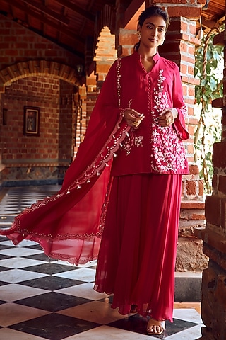 Fuchsia Pink Georgette Sharara Set by Ritika Verma