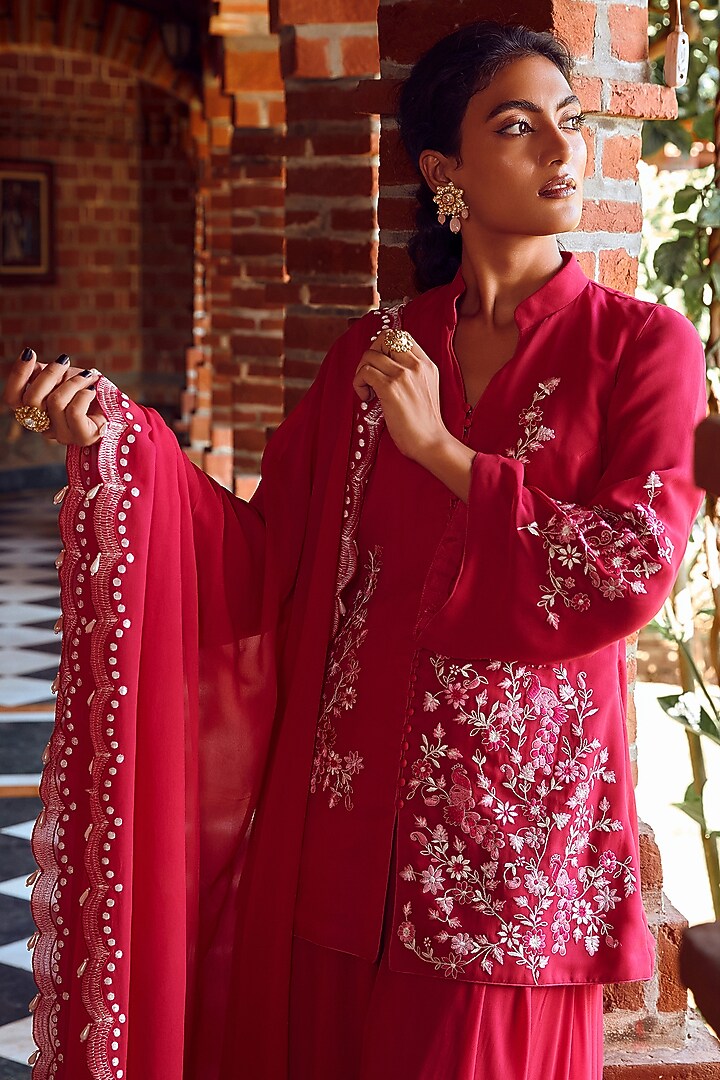 Fuchsia Pink Georgette Party Wear Sharara Set by Ritika Verma at Pernia's Pop Up Shop