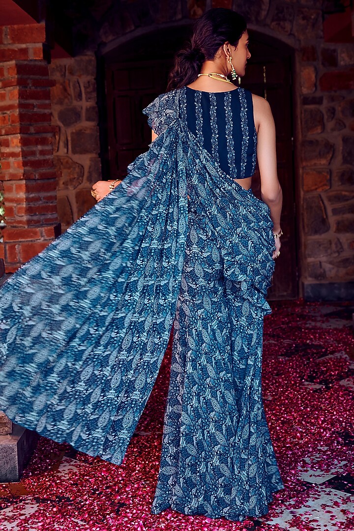 Midnight Blue Georgette Gharara Party Wear Saree Set by Ritika Verma at Pernia's Pop Up Shop