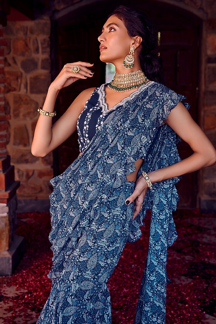 Midnight Blue Georgette Gharara Party Wear Saree Set by Ritika Verma at Pernia's Pop Up Shop