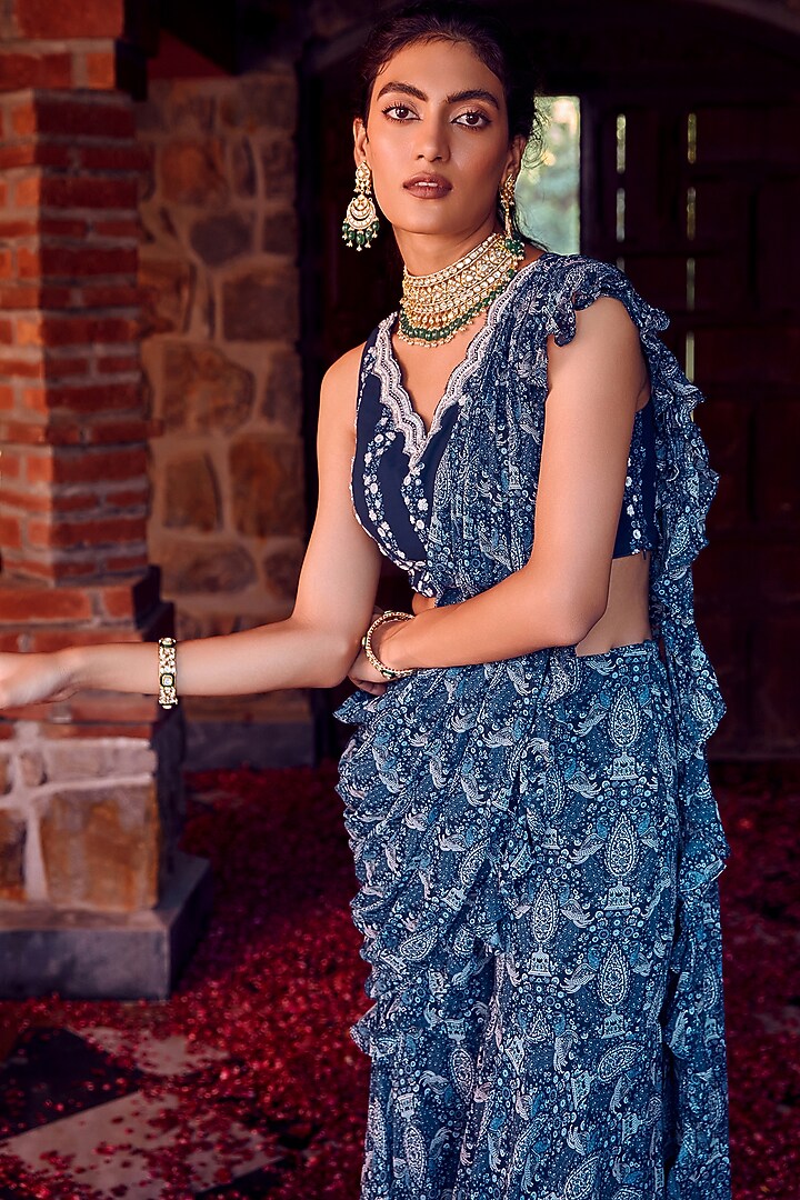Midnight Blue Georgette Gharara Party Wear Saree Set by Ritika Verma at Pernia's Pop Up Shop